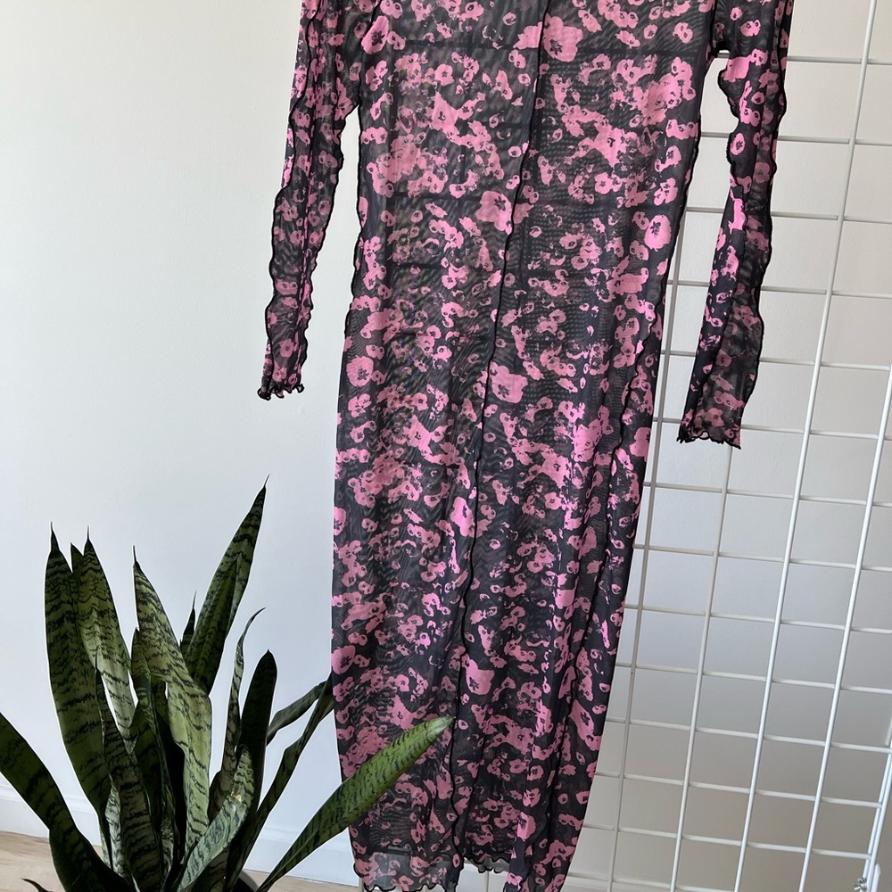 Long pink and black sheer mesh dress size small